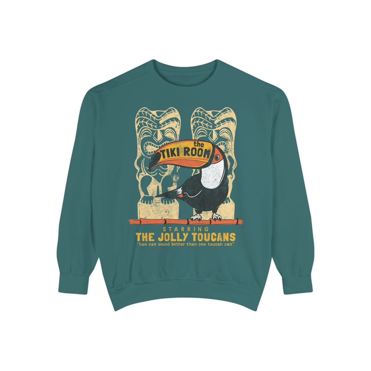 Tiki Room Sweatshirt in Blue Spruce, front flat lay with toucan, tiki poles and Starring The Jolly Toucans text