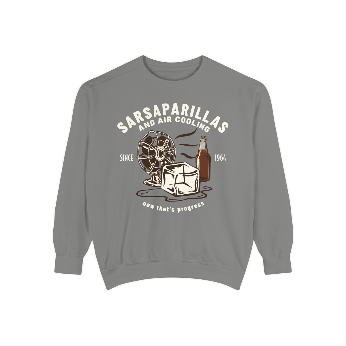 Carousel of Progress Sweatshirt in Grey, front flat lay with Sarsaparillas and Air Cooling sign, fan and ice block