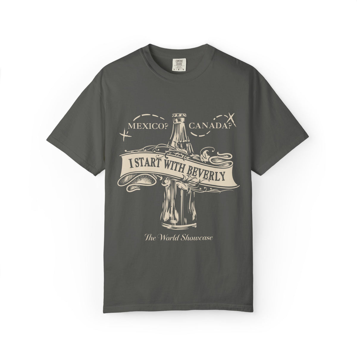 Drink Around The World Starting with Beverly T-Shirt in Pepper, front flat lay with Beverly bottle and I Start With Beverly banner