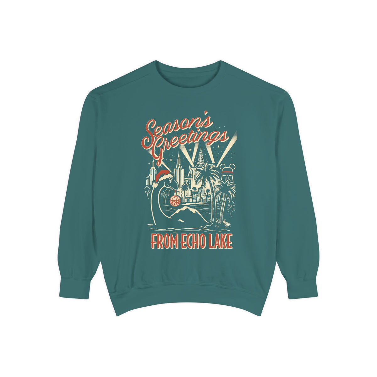 Seasons Greetings from Echo Lake Sweatshirt in Blue Spruce, front flat lay of Gertie the dinosaur in a Santa hat