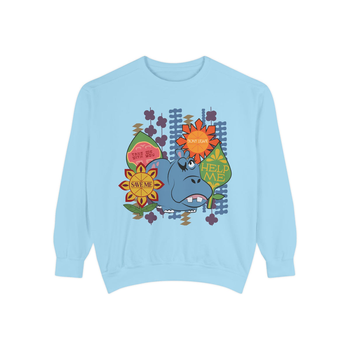 Hippo Help Me Sweatshirt in Chambray, front flat lay with the winking hippo among tropical flowers and leaves