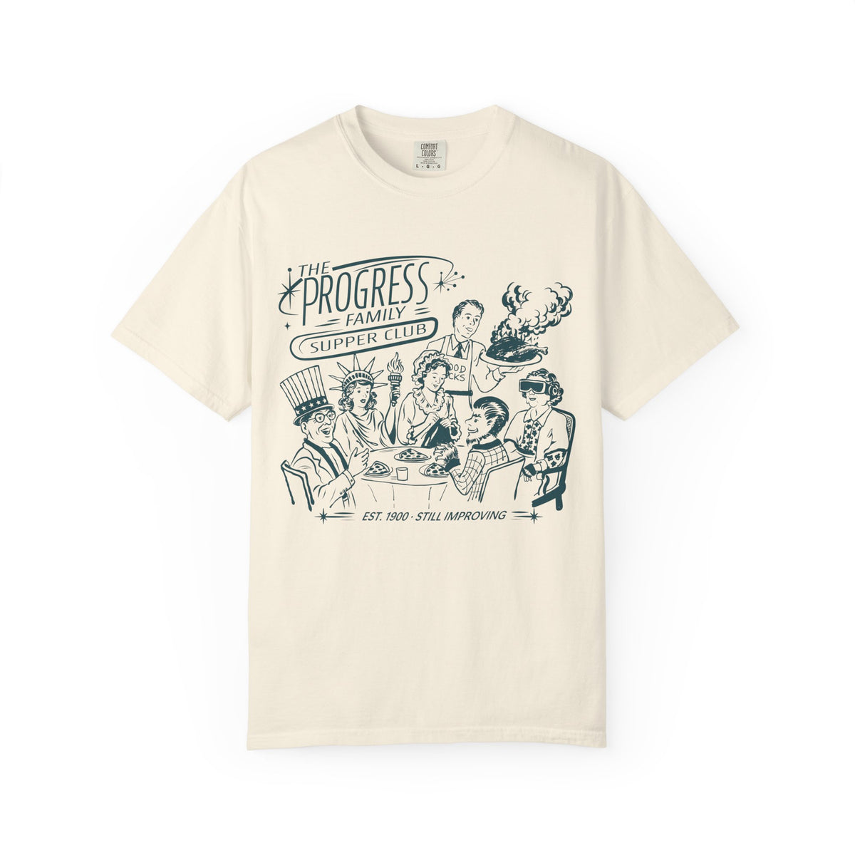 Carousel of Progress Supper Club Tee in Ivory, front flat lay of the Progress family at the dinner table