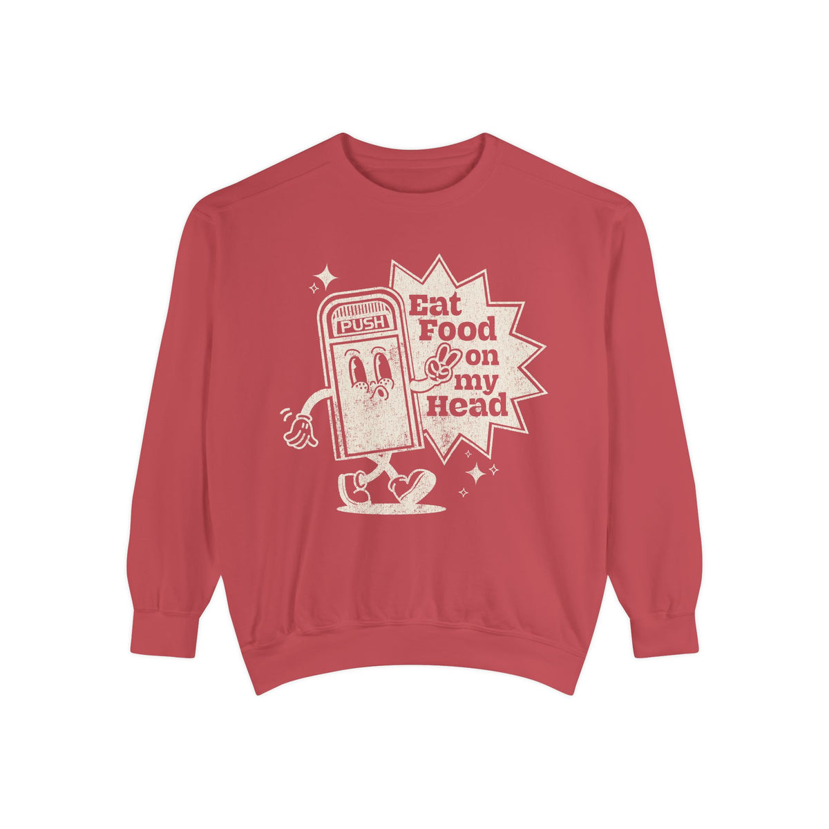 Disney Trash Can Sweatshirt in Crimson, front flat lay with a walking Push trash can and Eat Food on My Head text