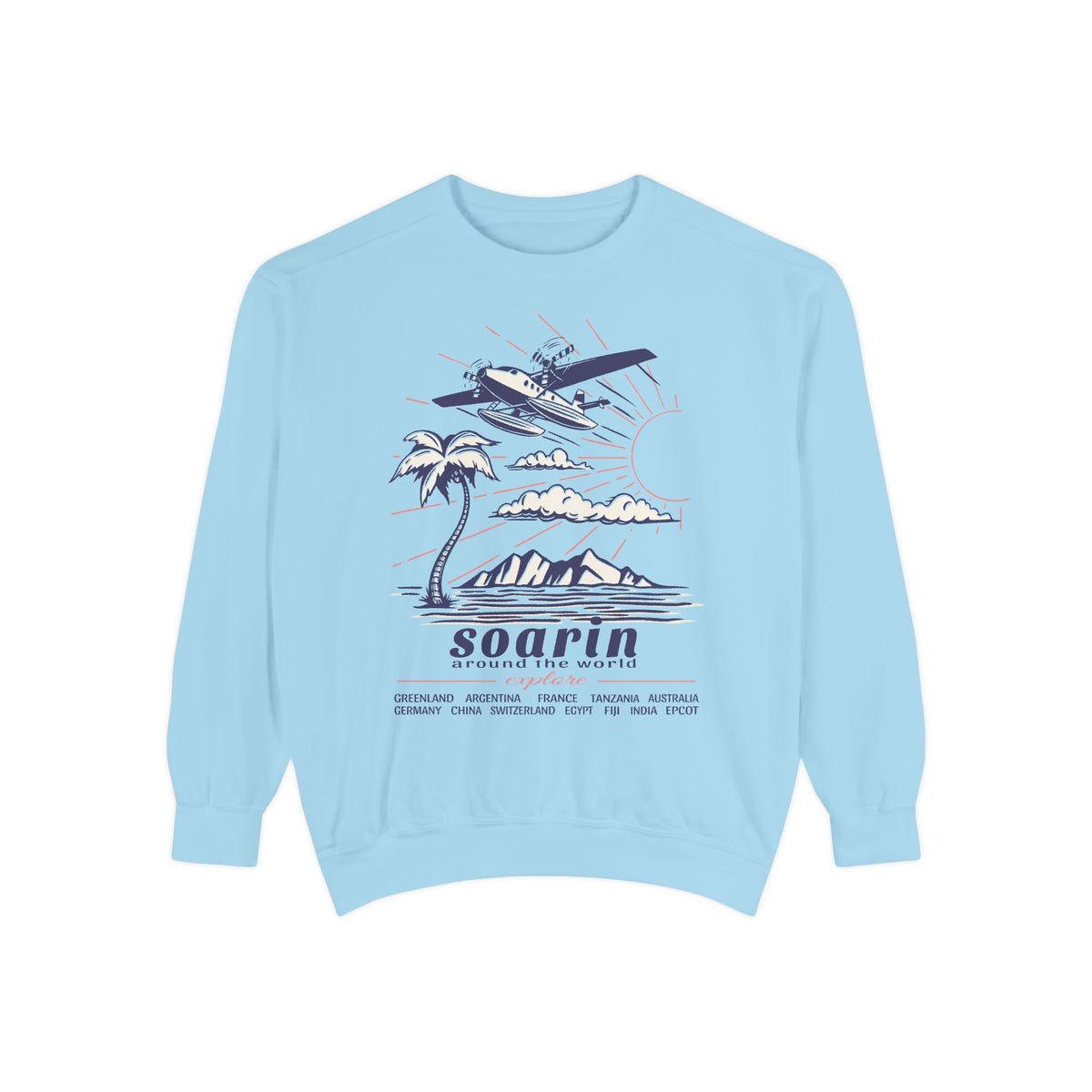 Soarin' Sweatshirt in Chambray, front flat lay of the hang glider, palm tree, and mountains Soarin Around the World print