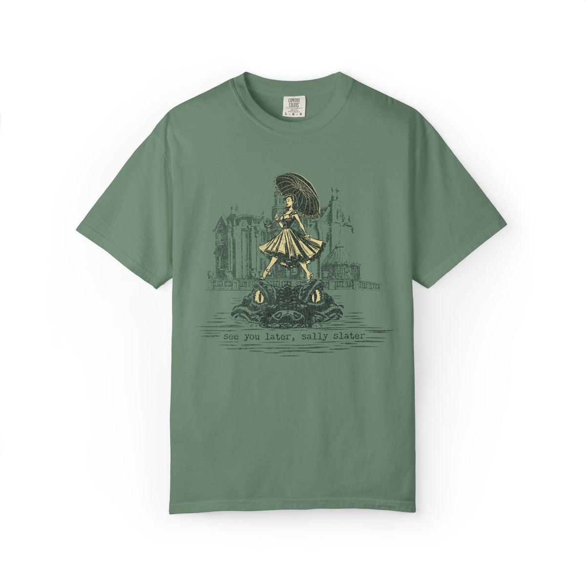 Sally Slater Haunted Mansion Shirt in Light Green, flat lay front with the tightrope walker and alligator