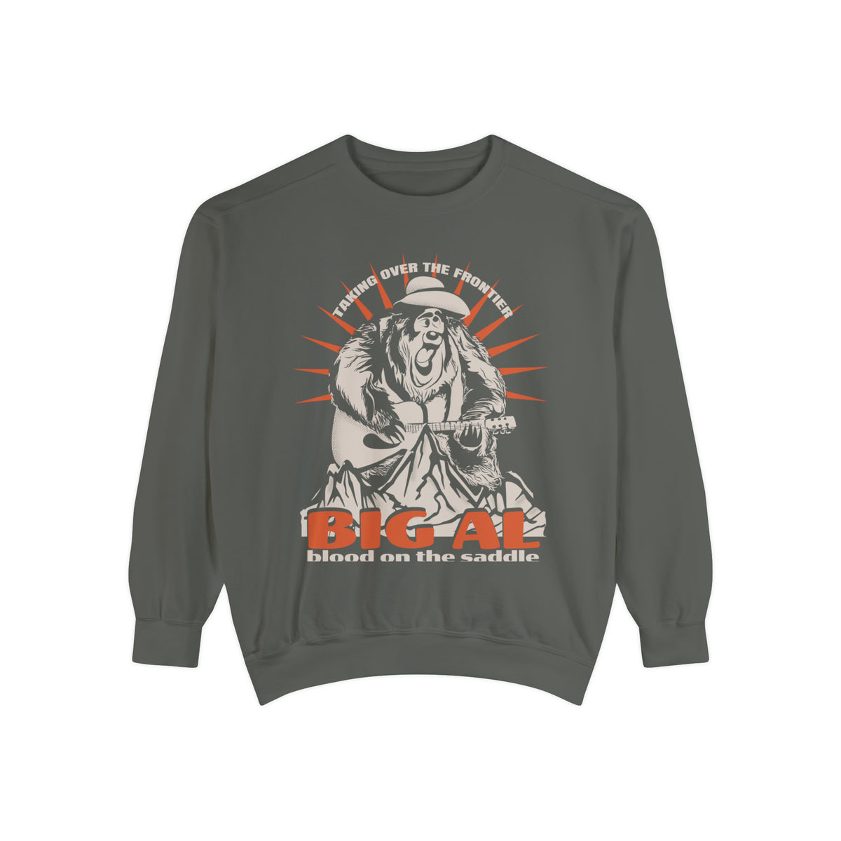 Big Al Frontier Sweatshirt in Pepper, front flat lay of Big Al from Country Bear Jamboree with Blood on the Saddle text