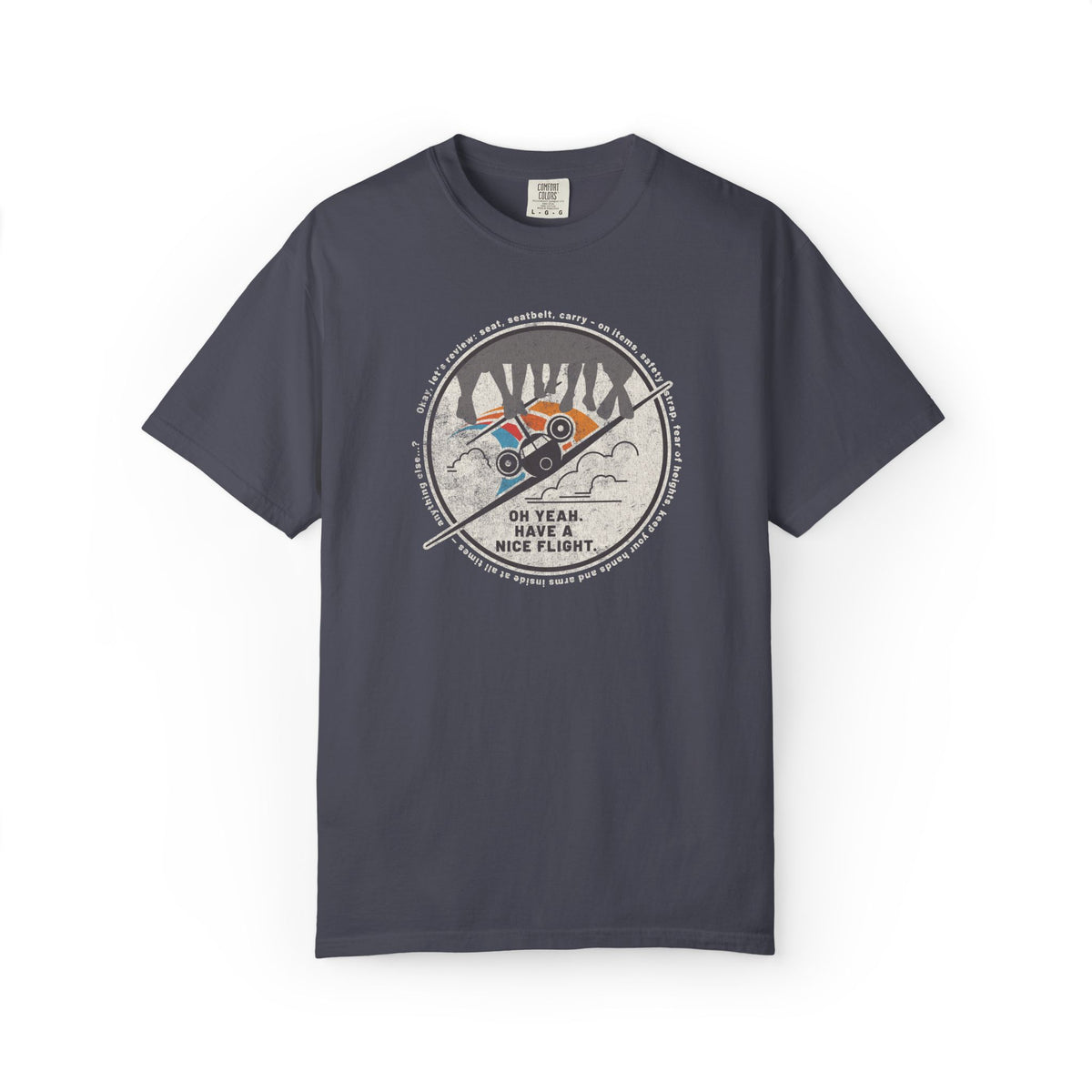 Soarin' Have A Nice Flight Tee in Navy, front flat lay with a circular hang glider ride vehicle badge design