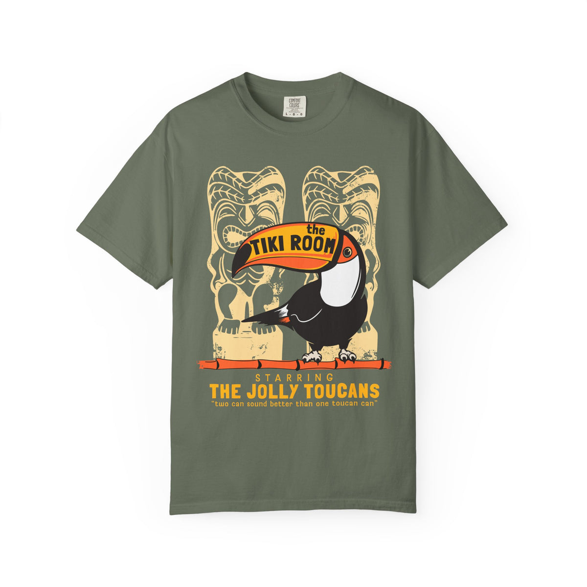 Tiki Room Tee in Moss, front flat lay with Enchanted Tiki Room toucan, tiki poles and Starring the Jolly Toucans text