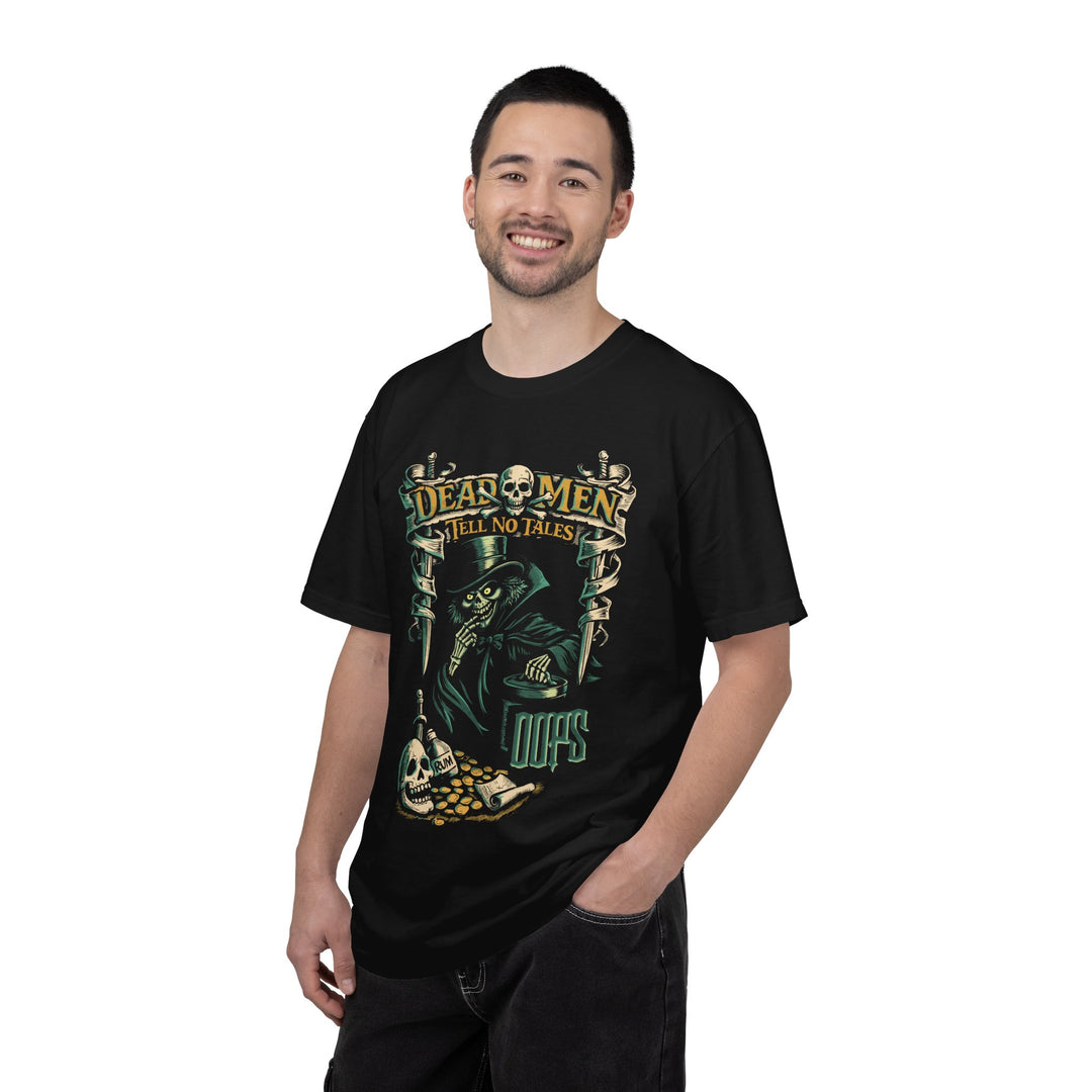 Dead Men Tell No Tales Hatbox Ghost Tee in Black worn by a smiling man, hands in pockets