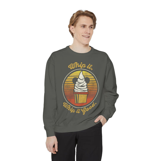 Dole Whip Sweatshirt in Pepper worn by a man with one hand in his pocket, front view of the design