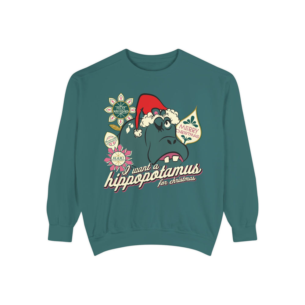 It's A Small World Christmas Hippo Sweatshirt in Blue Spruce, front flat lay with the winking Santa hat hippo