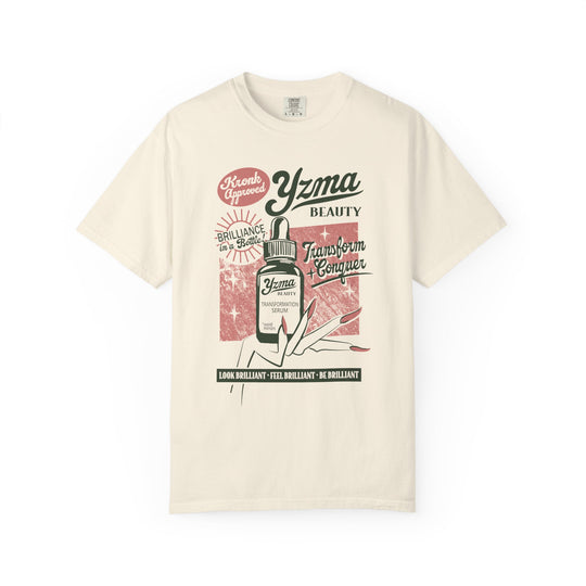 Yzma's Beauty Supply Tee in Ivory, flat lay front with a vintage Yzma Beauty serum bottle ad design