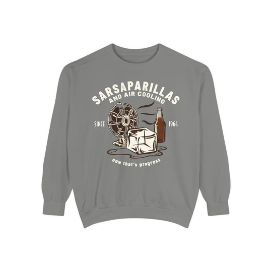 Carousel of Progress Sweatshirt in Grey, front flat lay with Sarsaparillas and Air Cooling sign, fan and ice block