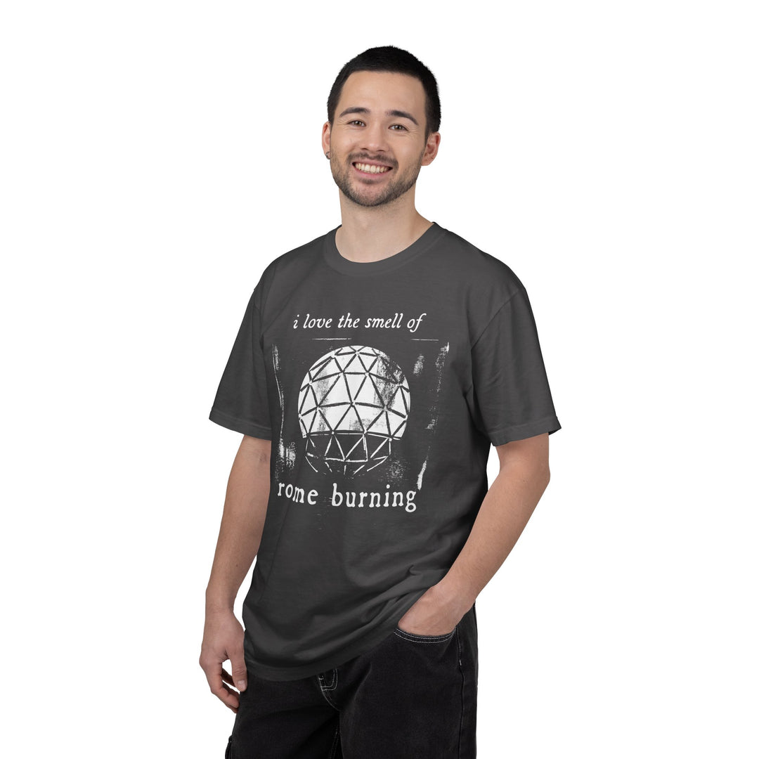 I Love The Smell of Rome Burning Tee in Graphite worn by a smiling man with a hand in his pocket, front view