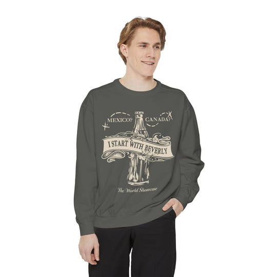 Drink Around The World Starting with Beverly Sweatshirt in Pepper worn by a man in black pants, front view