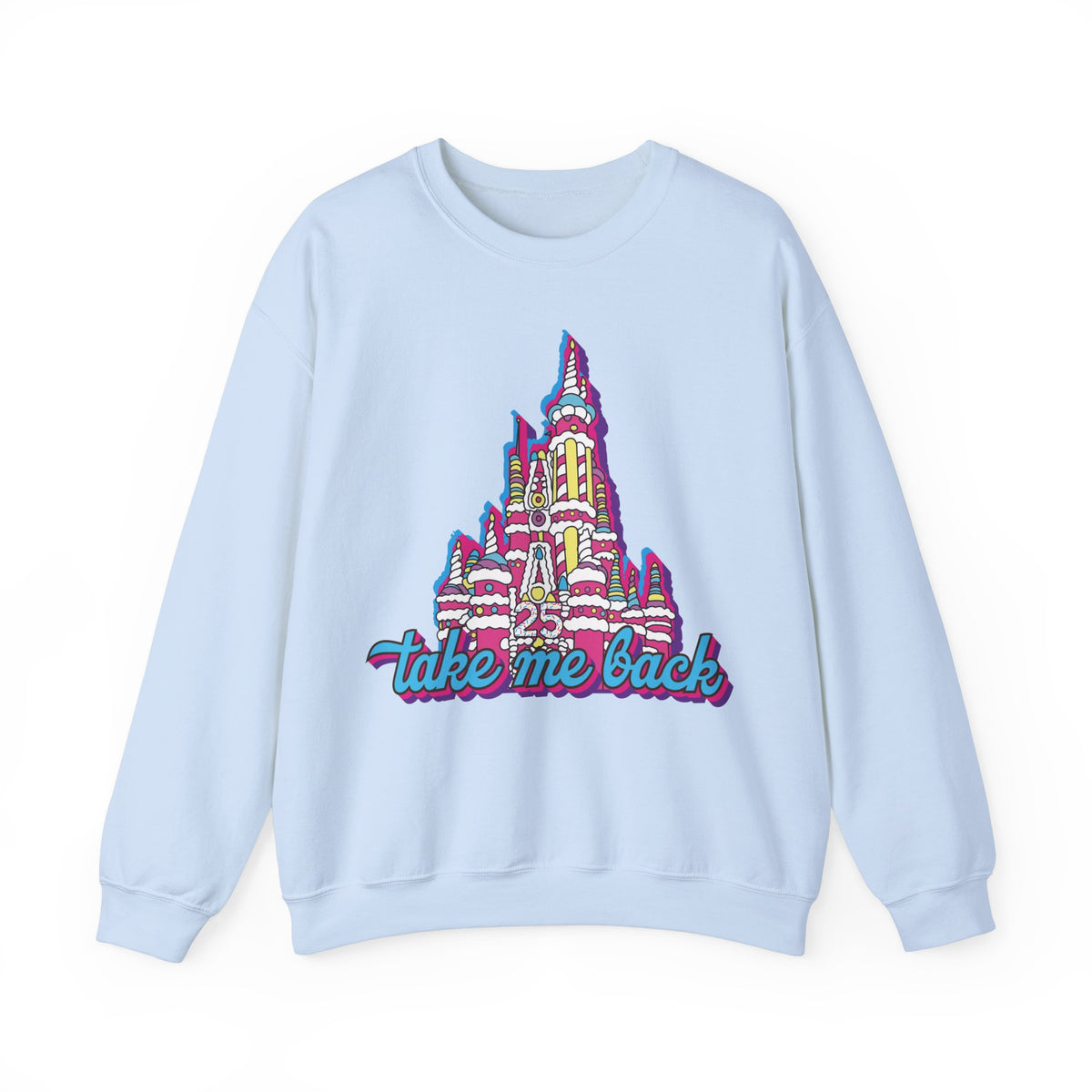 Take Me Back Cake Castle Sweatshirt in Light Blue, front with Cinderella Castle birthday cake design