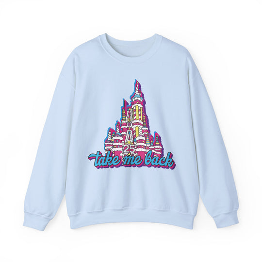 Take Me Back Cake Castle Sweatshirt in Light Blue, front with Cinderella Castle birthday cake design