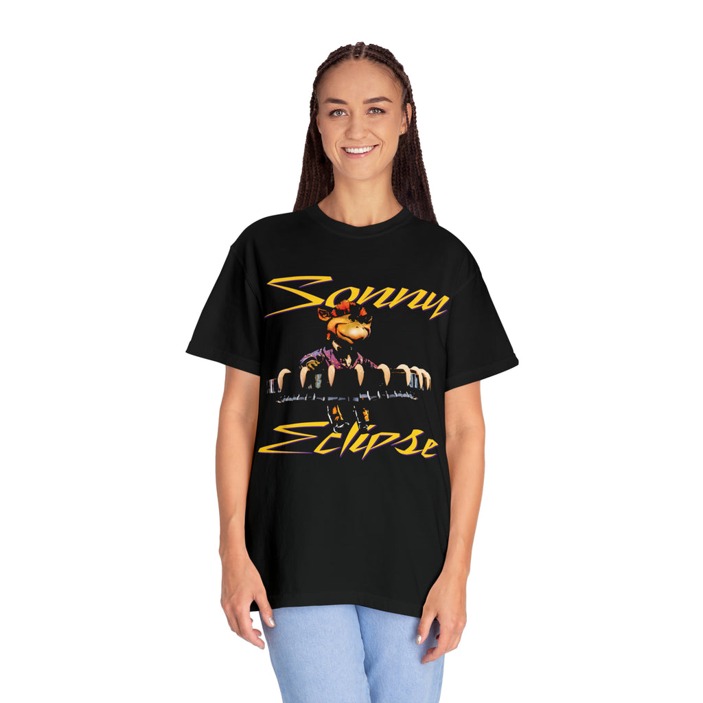 Sonny Eclipse Tee in Black worn by a woman in light jeans, relaxed front view on a white background