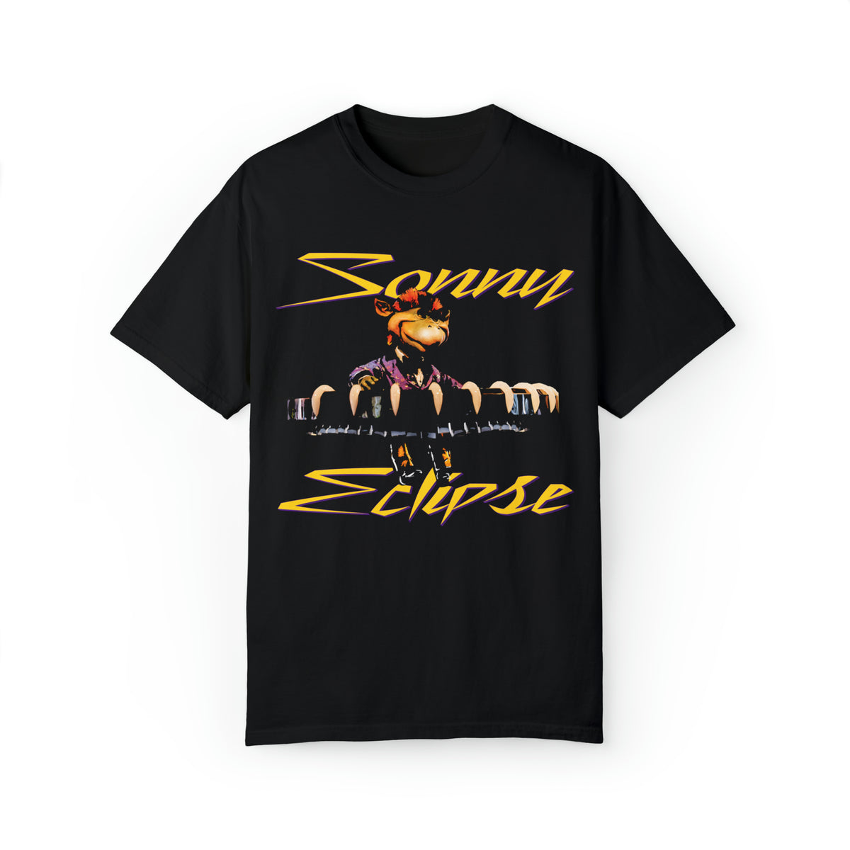 Sonny Eclipse Tee in Black, front flat lay with the Cosmic Ray's lounge singer and gold script lettering