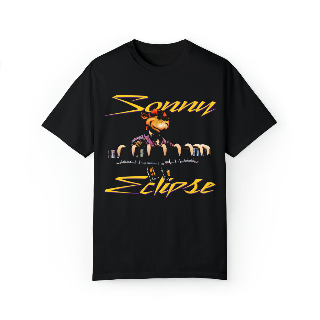Sonny Eclipse Tee in Black, front flat lay with the Cosmic Ray's lounge singer and gold script lettering
