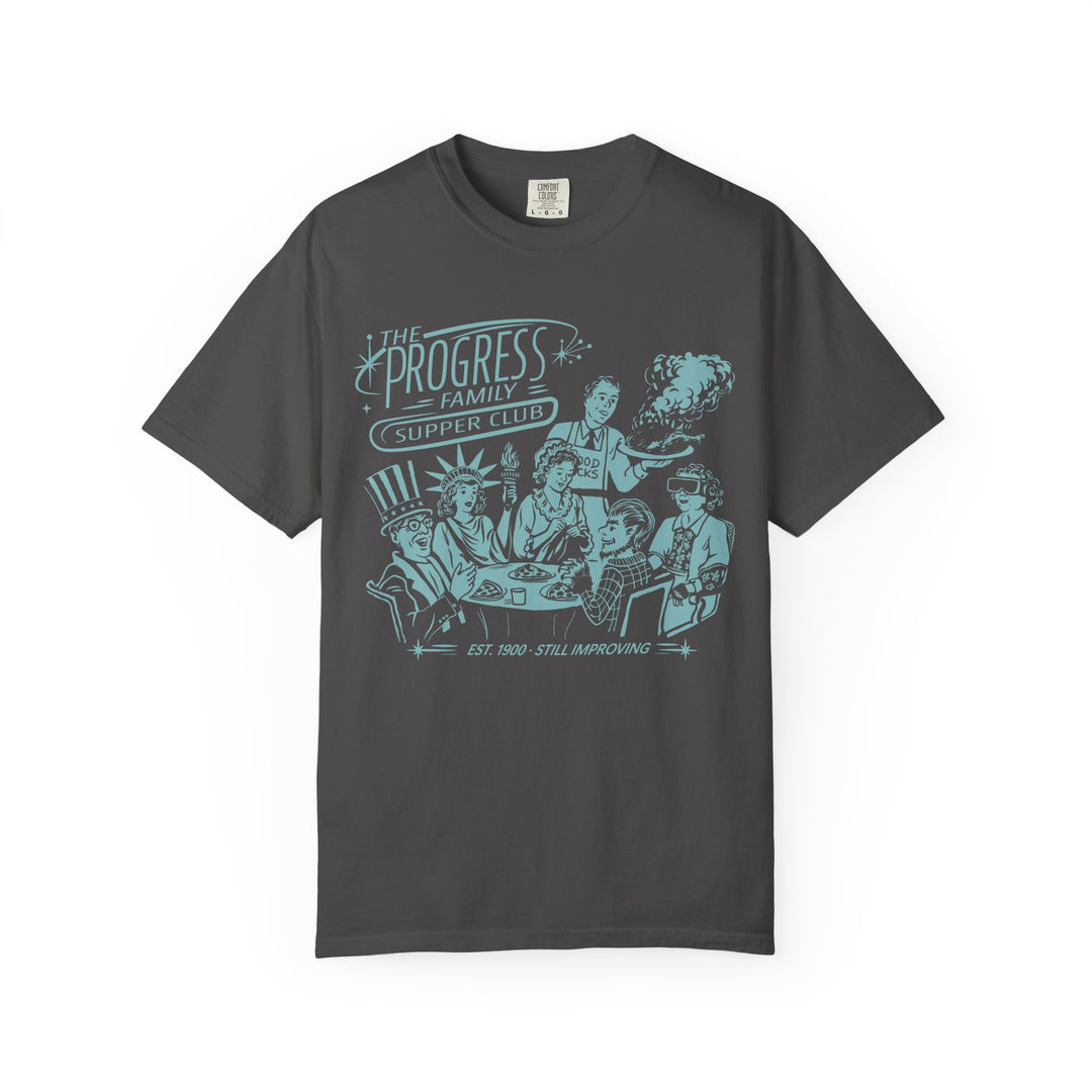 Carousel of Progress Supper Club Tee in Graphite, front flat lay with the supper club family printed in light blue