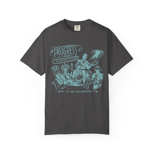 Carousel of Progress Supper Club Tee in Graphite, front flat lay with the supper club family printed in light blue