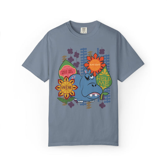 Hippo Help Me Tee in Blue Jean, front flat lay of the It's a Small World blue hippo with flowers and Help Me text
