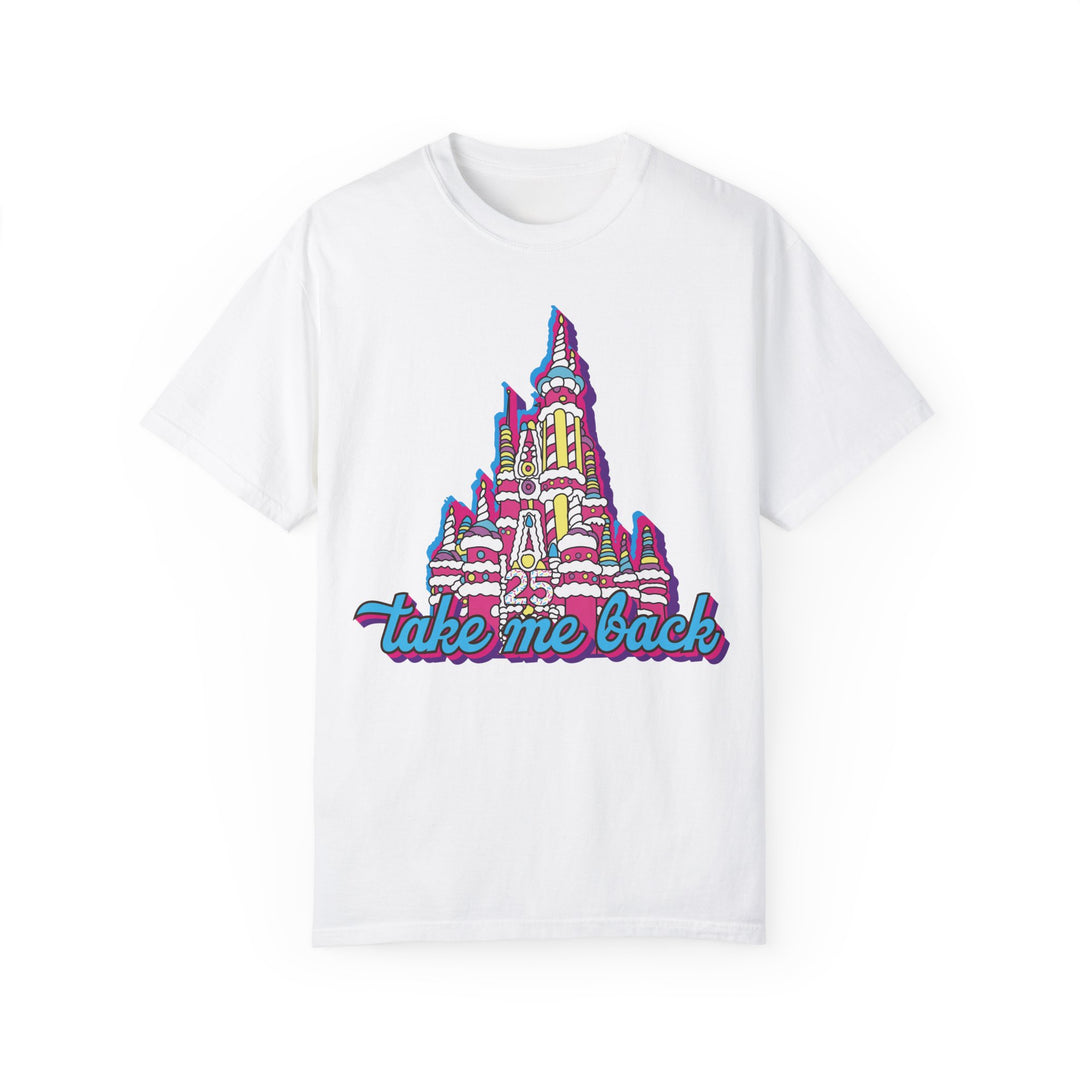 Take Me Back Cake Tee in White, front flat lay of the 25th anniversary pink cake castle design