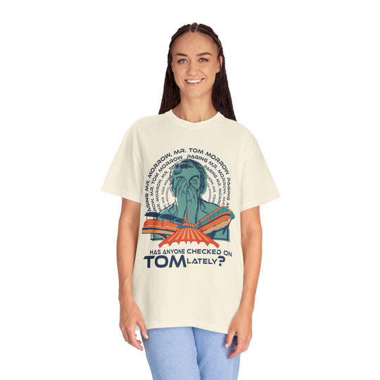 Paging Tom Morrow Tee in Ivory worn by a woman with long dark hair and light jeans, front view on a white background