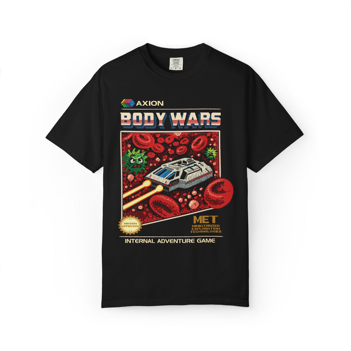 Body Wars Tee in Black, front flat lay with a retro video game box design of the Bravo 229 among blood cells