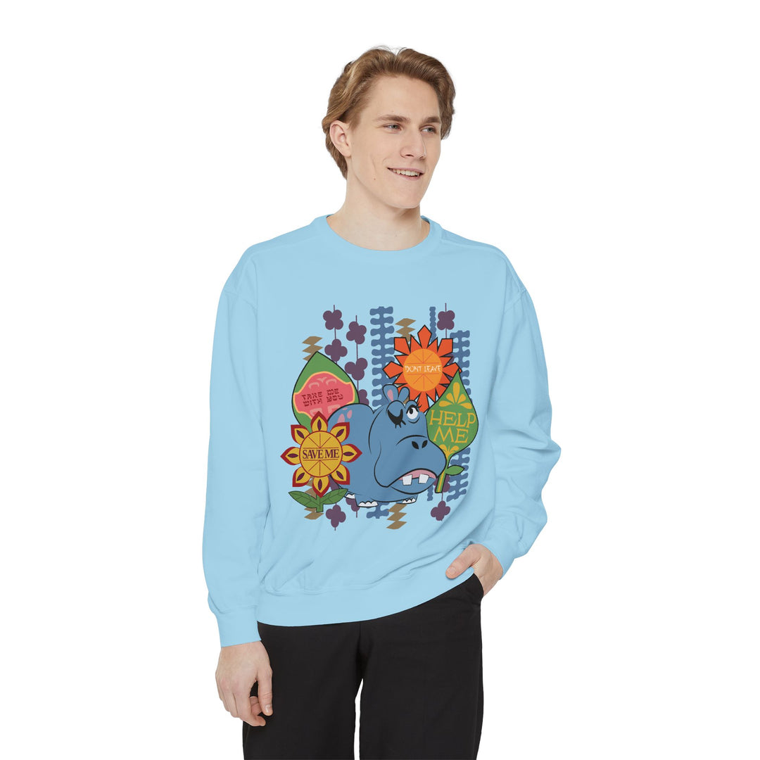 Hippo Help Me Sweatshirt in Chambray worn by a man in black pants, front view of the hippo print