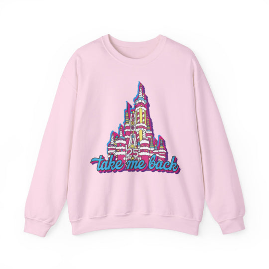 Take Me Back Cake Castle Sweatshirt in Light Pink, front flat lay showing the 90s cake castle print