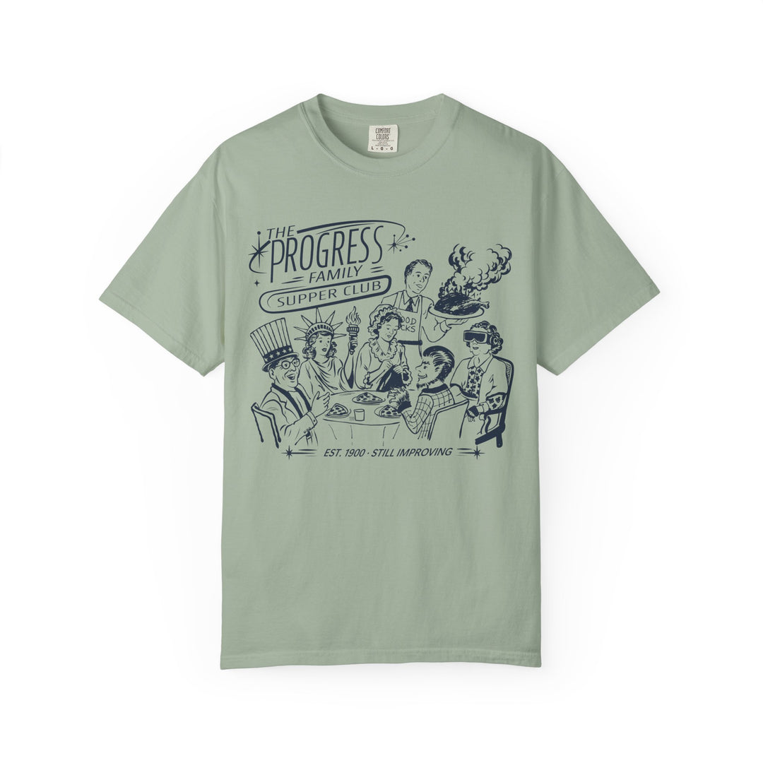 Carousel of Progress Supper Club Tee in Bay, front flat lay of the Progress Family Supper Club design in navy ink
