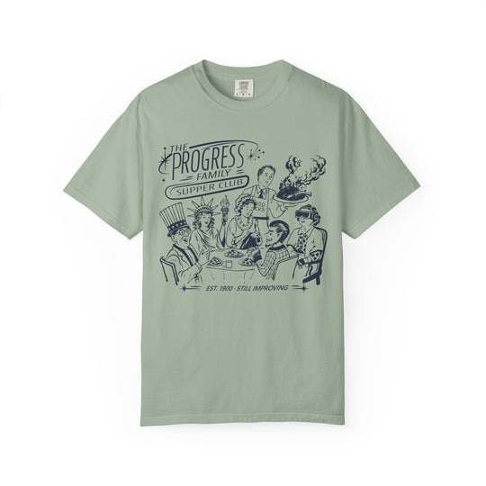 Carousel of Progress Supper Club Tee in Bay, front flat lay of the Progress Family Supper Club design in navy ink