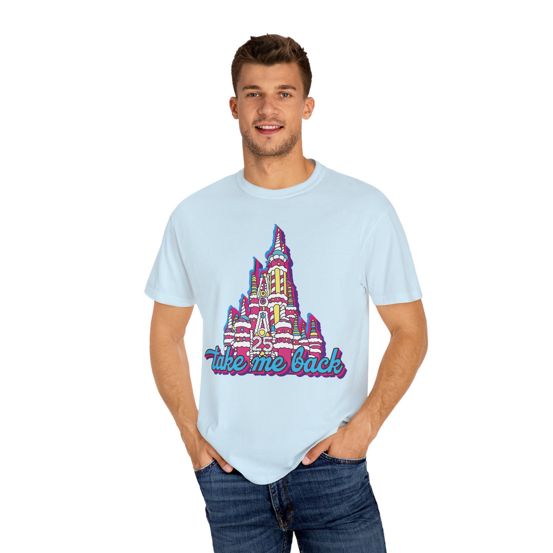 Take Me Back Cake Tee in Chambray worn by a man in jeans, front view of the cake castle print