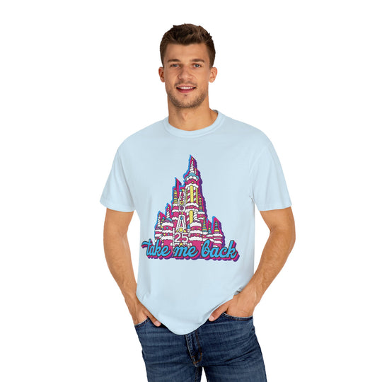 Take Me Back Cake Tee in Chambray worn by a man in jeans, front view of the cake castle print