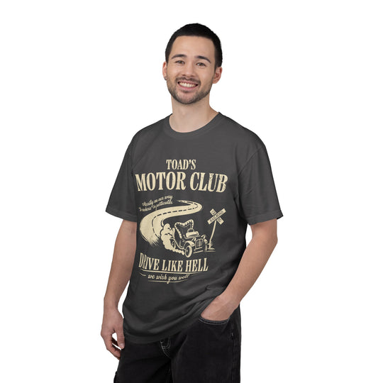 Mr. Toad's Wild Ride Tee in Pepper worn by a smiling man, angled view of the Toad's Motor Club print