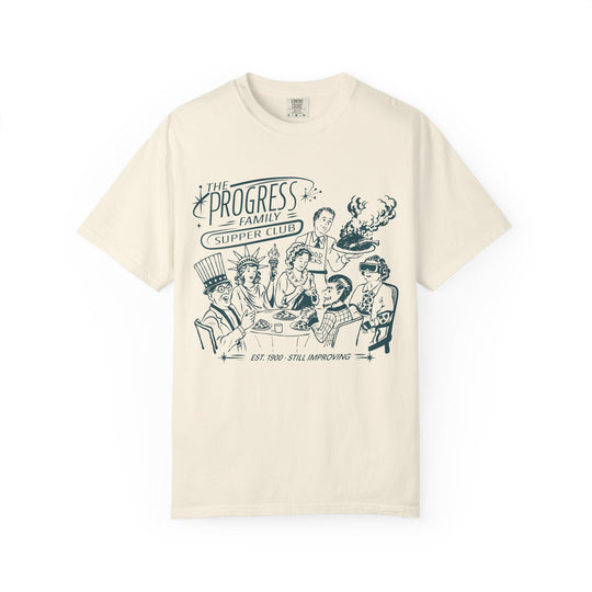 Carousel of Progress Supper Club Tee in Ivory, front flat lay of the Progress family at the dinner table