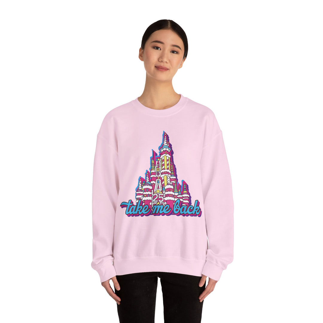 Take Me Back Cake Castle Sweatshirt in Light Pink worn by a woman, front view of the castle cake print