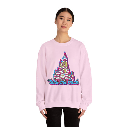 Take Me Back Cake Castle Sweatshirt in Light Pink worn by a woman, front view of the castle cake print