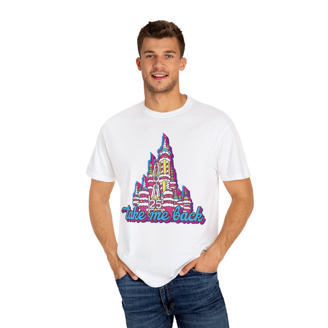 Take Me Back Cake Tee in White worn by a man with hands in pockets, front view of the cake castle print