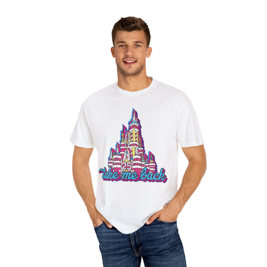 Take Me Back Cake Tee in White worn by a man with hands in pockets, front view of the cake castle print