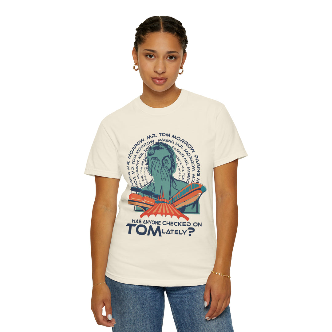 Paging Tom Morrow Tee in Ivory worn tucked into jeans by a woman with braided hair, front view