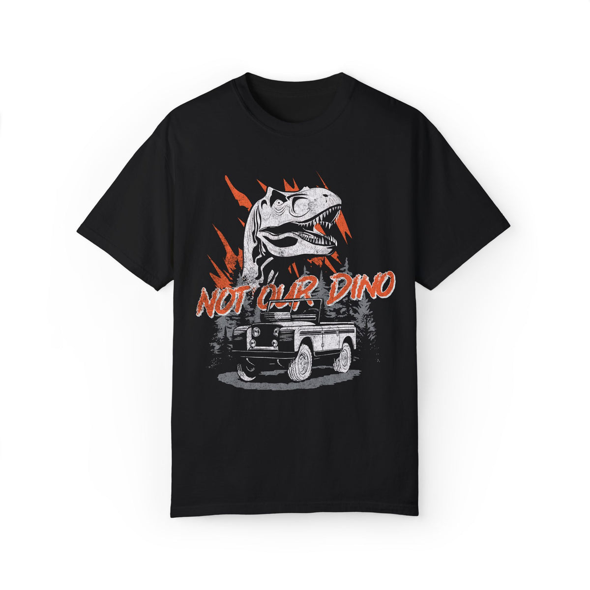 Not Our Dino Tee in Black, front flat lay with Dinosaur ride Carnotaurus, Time Rover jeep and Not Our Dino text