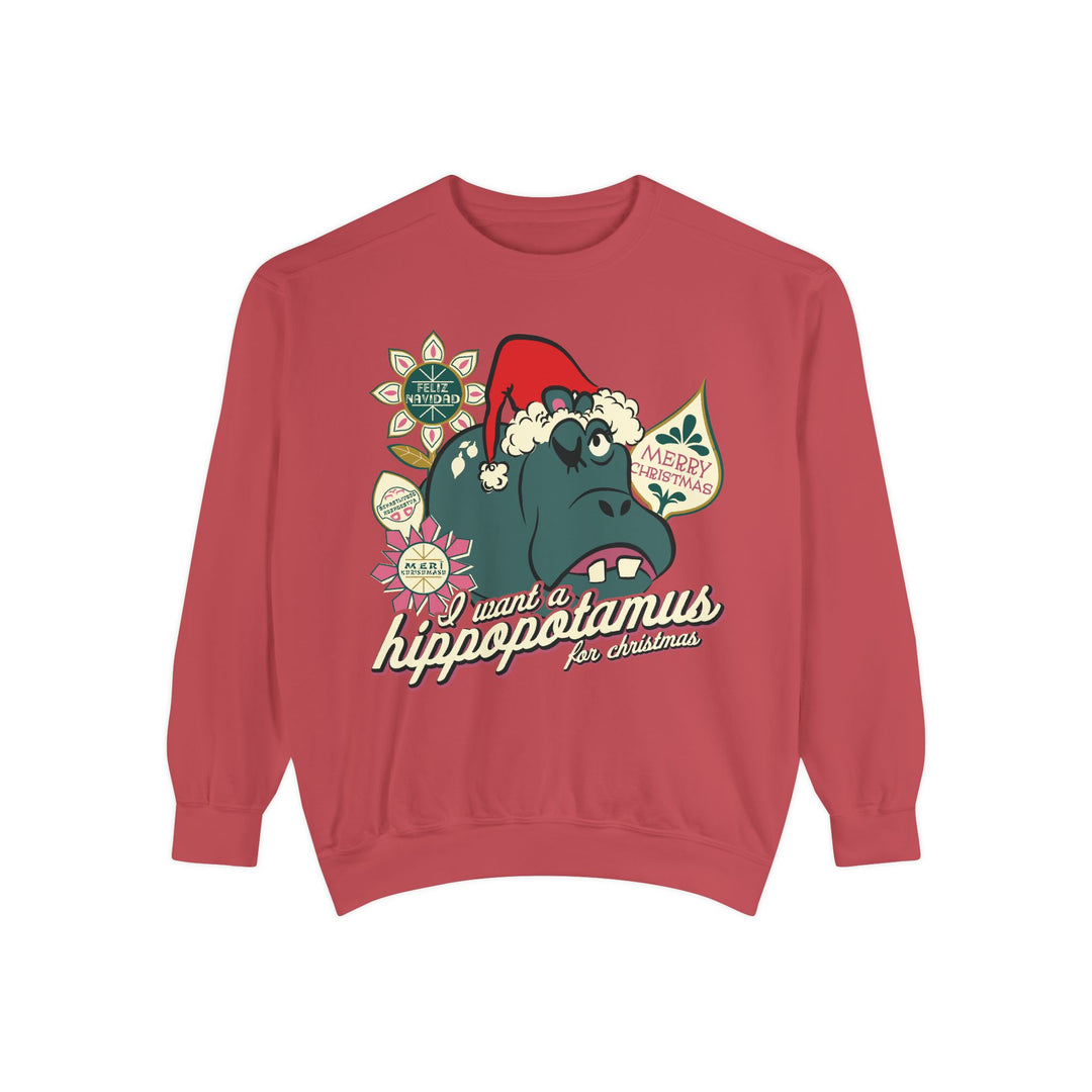 Christmas Hippo Sweatshirt in Crimson, alternate front product view showing the full holiday hippo design
