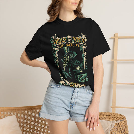 Dead Men Tell No Tales Hatbox Ghost Tee in Black worn by a woman in denim shorts, front-tucked close-up
