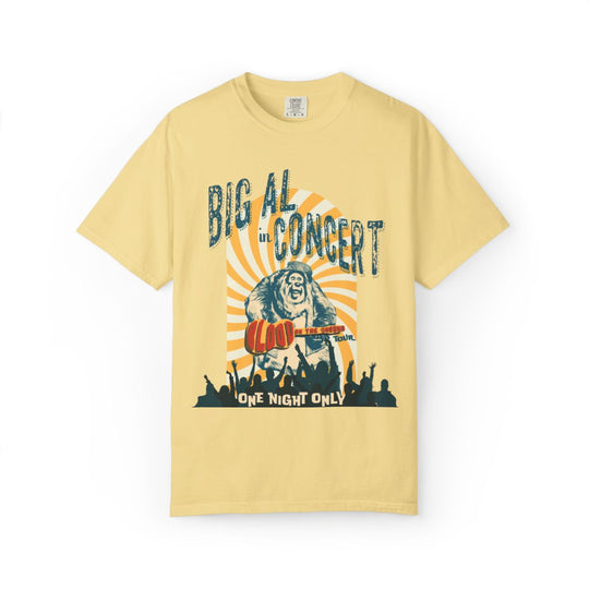 Big Al In Concert Tee in Butter, flat lay front showing Big Al strumming his guitar for a crowd silhouette