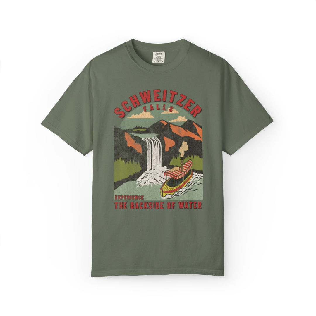 Schweitzer Falls Tee in Moss, flat lay front showing Schweitzer Falls and the Jungle Cruise launch