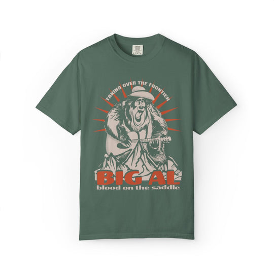 Big Al On The Frontier Tee in Blue Spruce, front flat lay with Big Al and his guitar from Country Bear Jamboree
