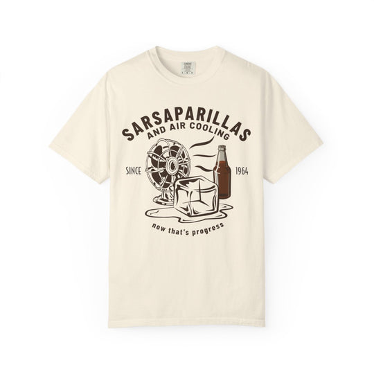 Carousel of Progress Tee in Ivory, front flat lay of the Sarsaparillas and Air Cooling, Now That's Progress design